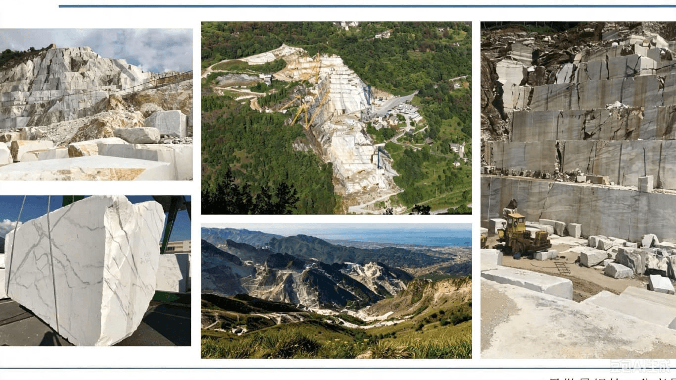 Collage of white marble quarry landscapes and extracted stone blocks