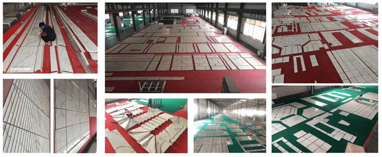 Cut stone pieces laid out across a factory floor for inspection and sorting