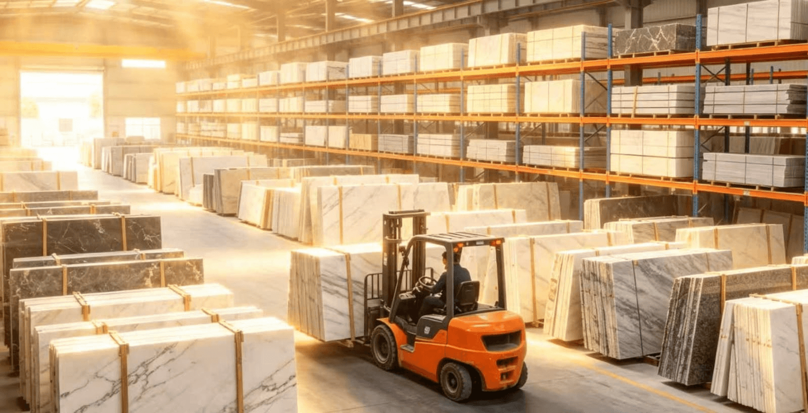 Warehouse stocked with stone slabs and panels ready for distribution