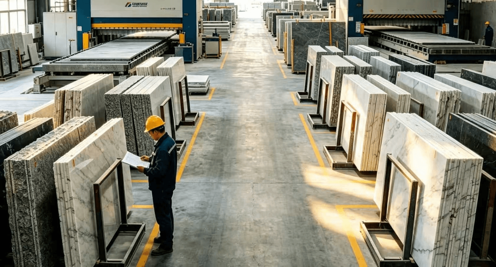 Worker inspecting large stone slabs inside a processing facility