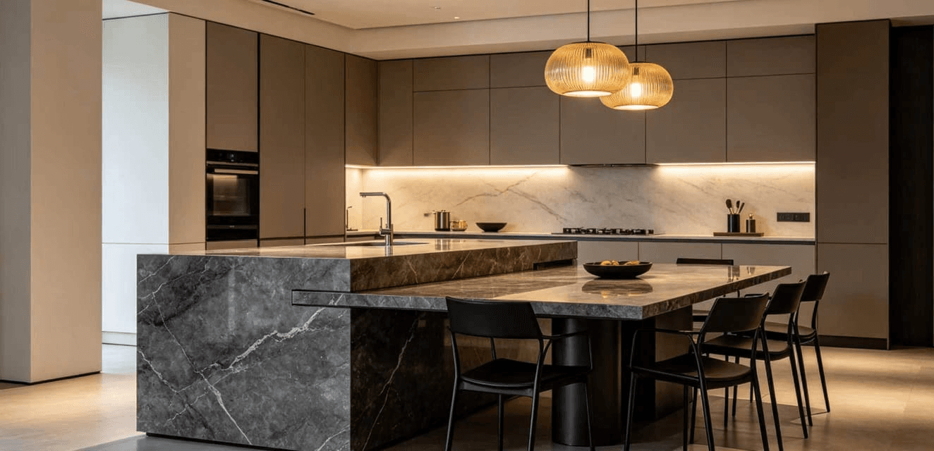 Contemporary kitchen featuring stone worktops, island and backsplash