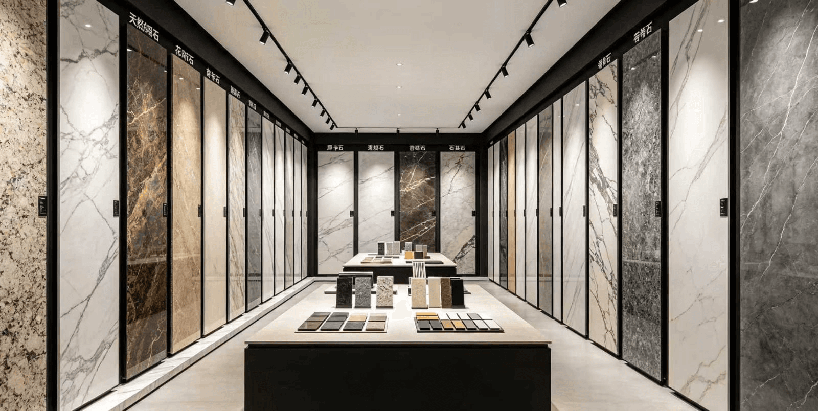 Showroom displaying large-format natural stone and engineered stone slabs