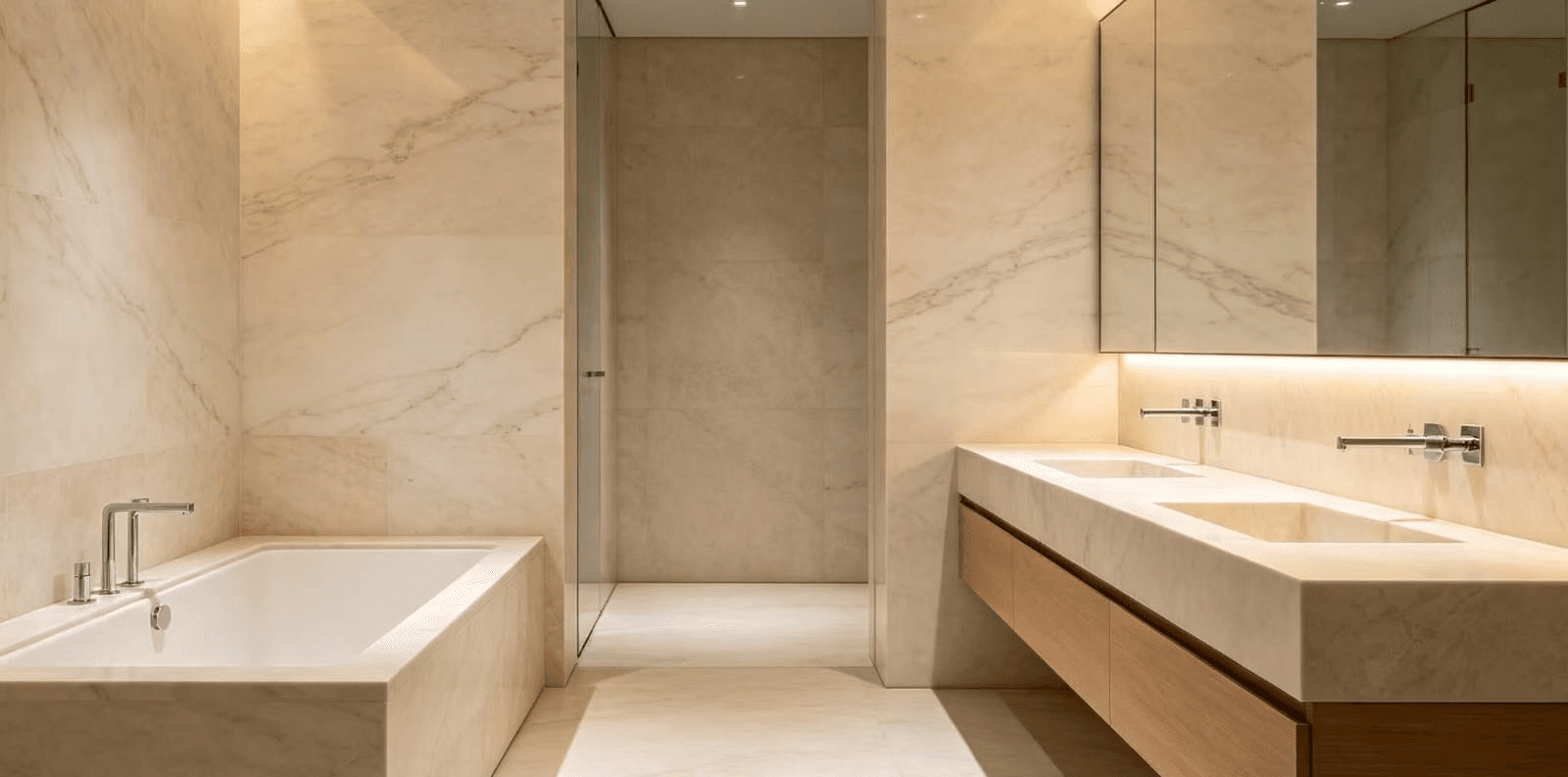 Bathroom finished with light stone wall panels, vanity and bath surround