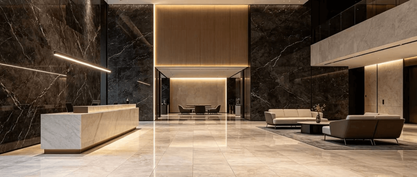Commercial lobby finished with large dark and light stone wall surfaces