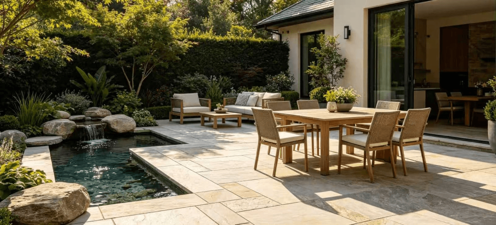 Landscaped garden terrace with stone paving around an outdoor dining area