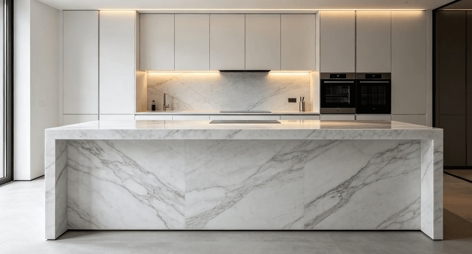 Modern kitchen with a large white marble island and matching stone backsplash
