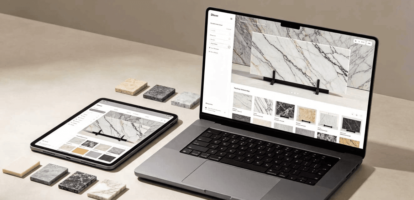 Laptop and tablet showing digital stone selection alongside physical material samples