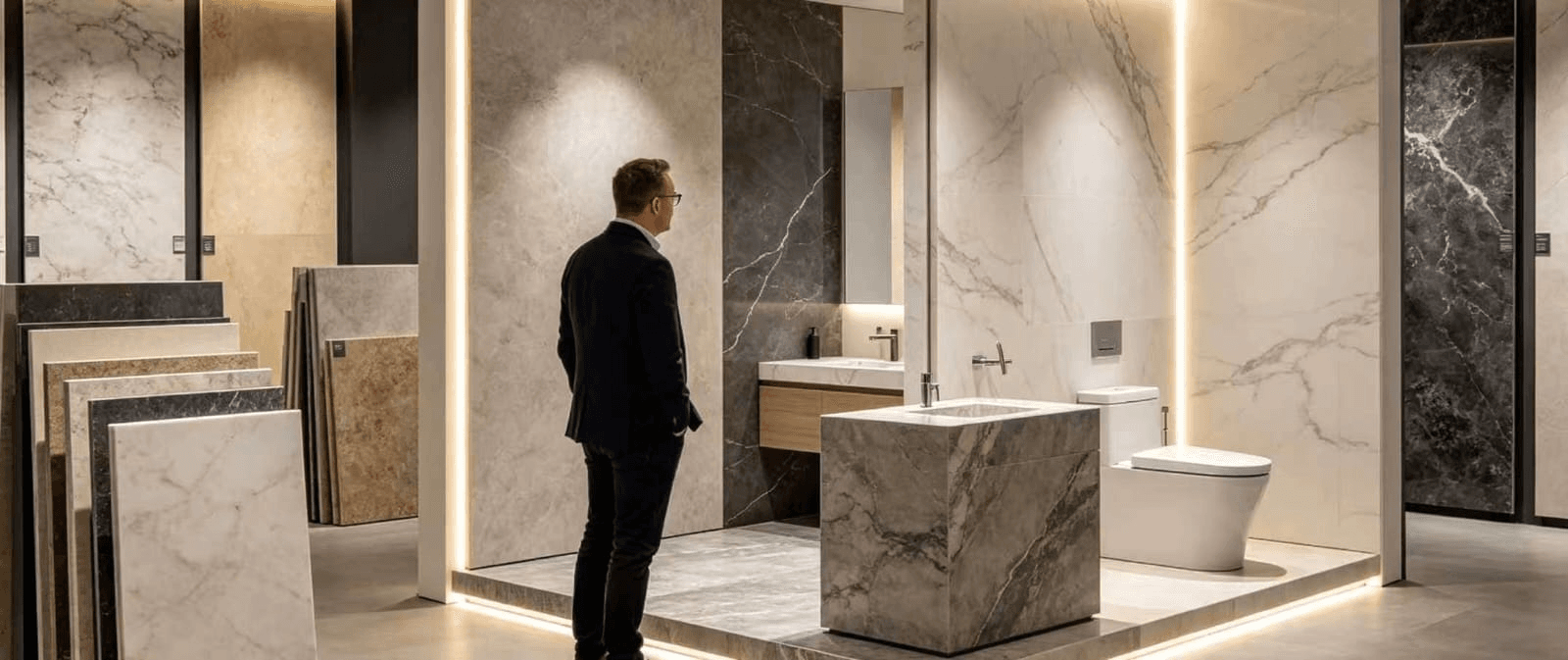 Client viewing stone slabs and bathroom applications in a showroom