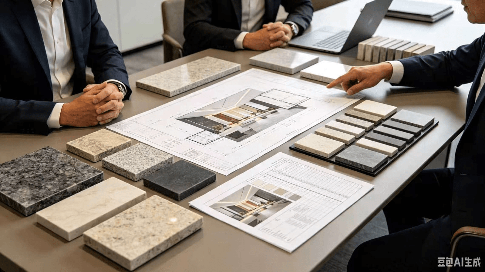 Project consultation with stone samples, drawings and design plans on a meeting table