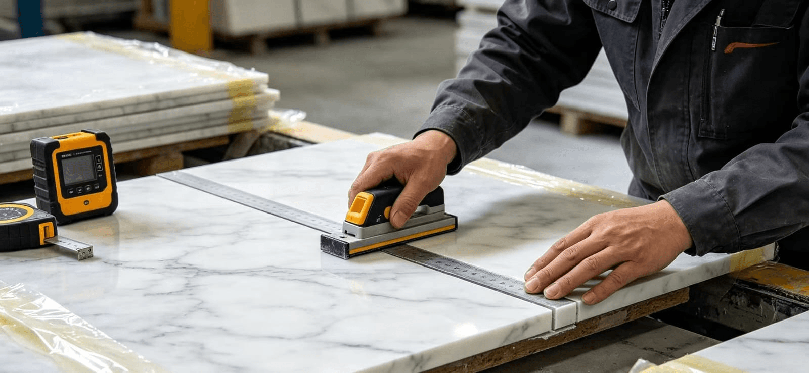 Stone technician measuring and checking a marble panel during production